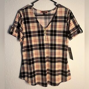 NWT 50th Stress Petite Miss Plaid Shirt Sz PM Medium Checkered Top Work Blouse